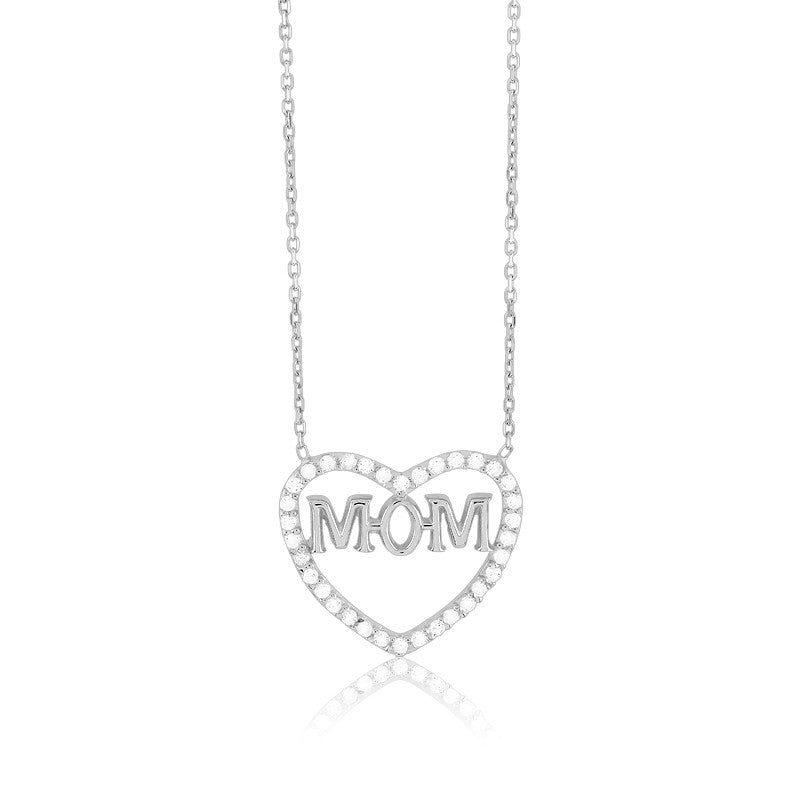Sterling Silver CZ Open Heart w/MOM Necklace
