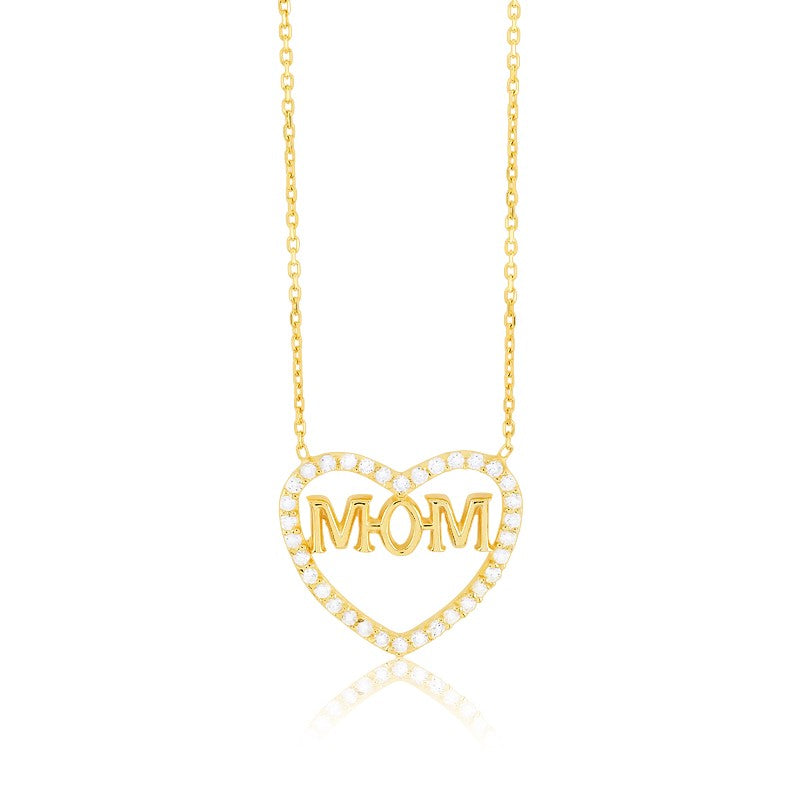 Sterling Silver CZ Open Heart MOM Necklace - Gold Plated