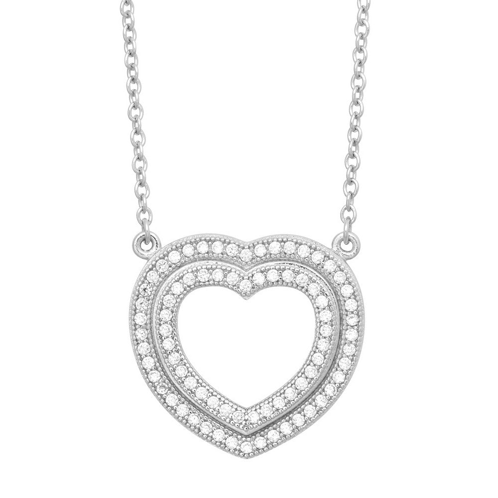 Sterling Silver Double Open Micro Pave Heart Necklace