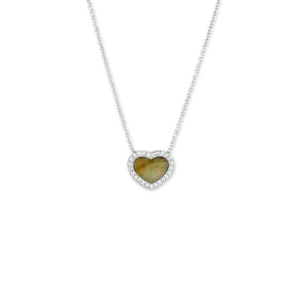 Sterling Silver Labradorite Heart with Micro Pave CZ Border Necklace