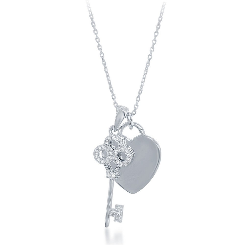 Sterling Silver Shiny Heart with CZ Key Necklace