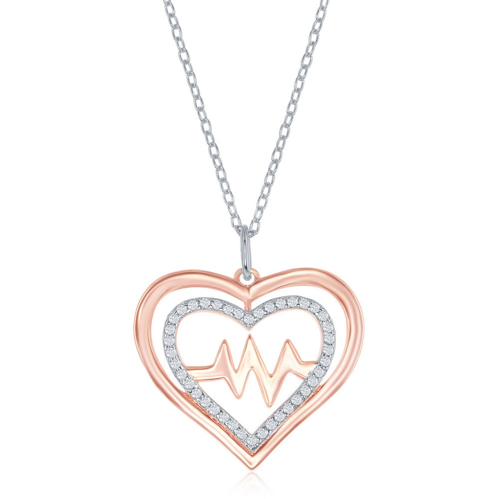 Sterling Silver Shiny and CZ Open Heart & Center Heartbeat Necklace - Rose Gold Plated
