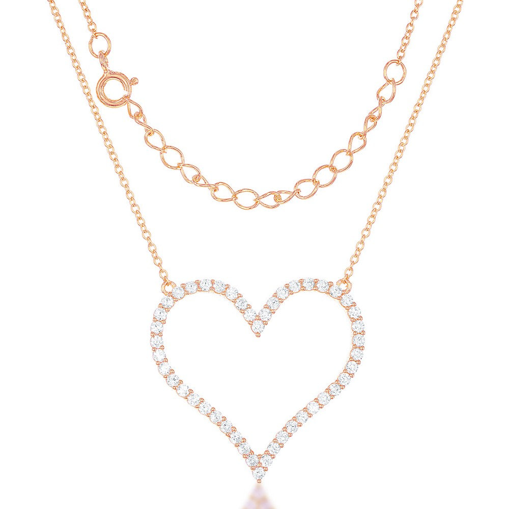 Sterling Silver Large Open CZ Heart Necklace - Rose Gold Plated