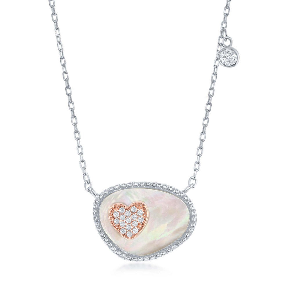 Sterling Silver Oval MOP and RG CZ Heart w/ Single Bezel Set CZ Necklace