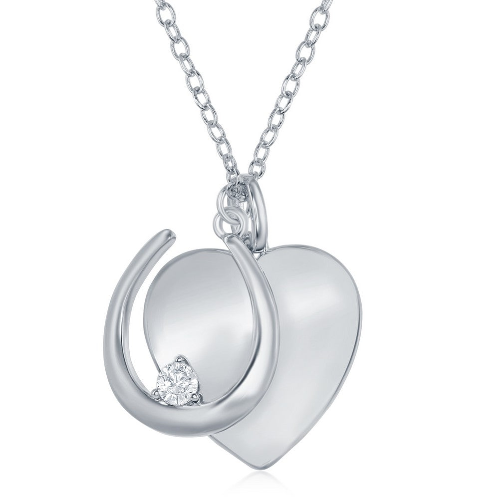 Sterling Silver Shiny Heart & Horseshoe with Single CZ Necklace