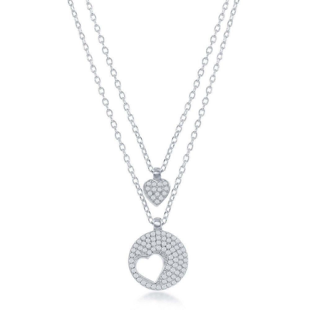 Sterling Silver Micro Pave Round Heart Cut-out & Heart Double Strand Necklace