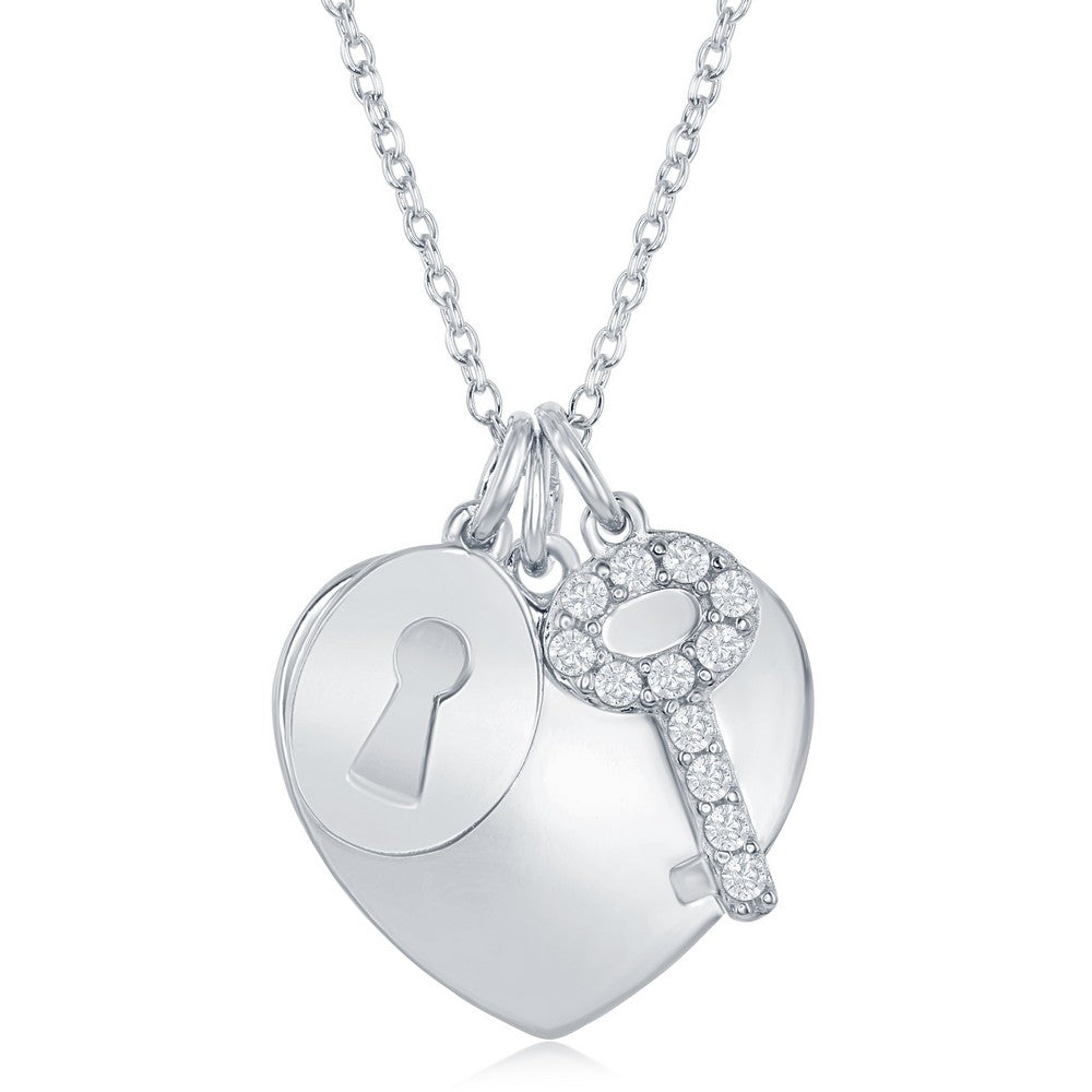 Sterling Silver Shiny Heart with CZ Lock & Key Necklace