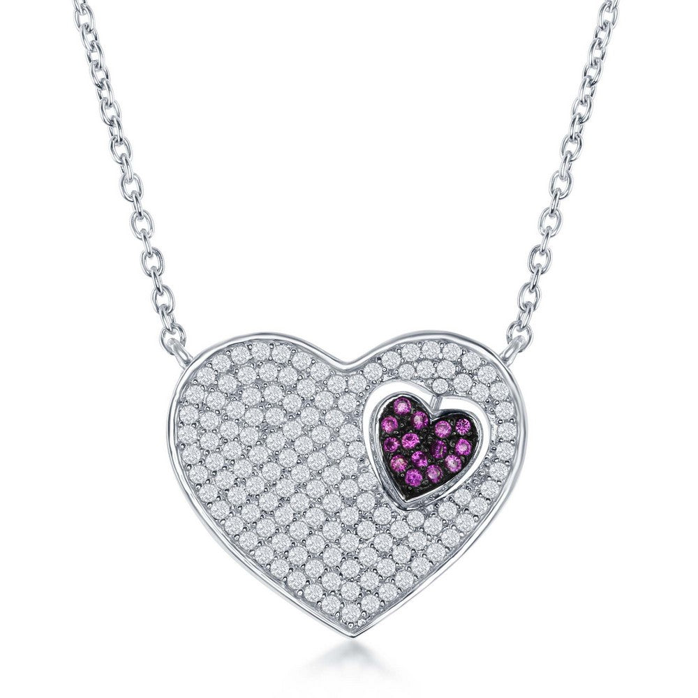 Sterling Silver Micro Pave Heart with Small Spinning Black Heart & Red CZ Necklace