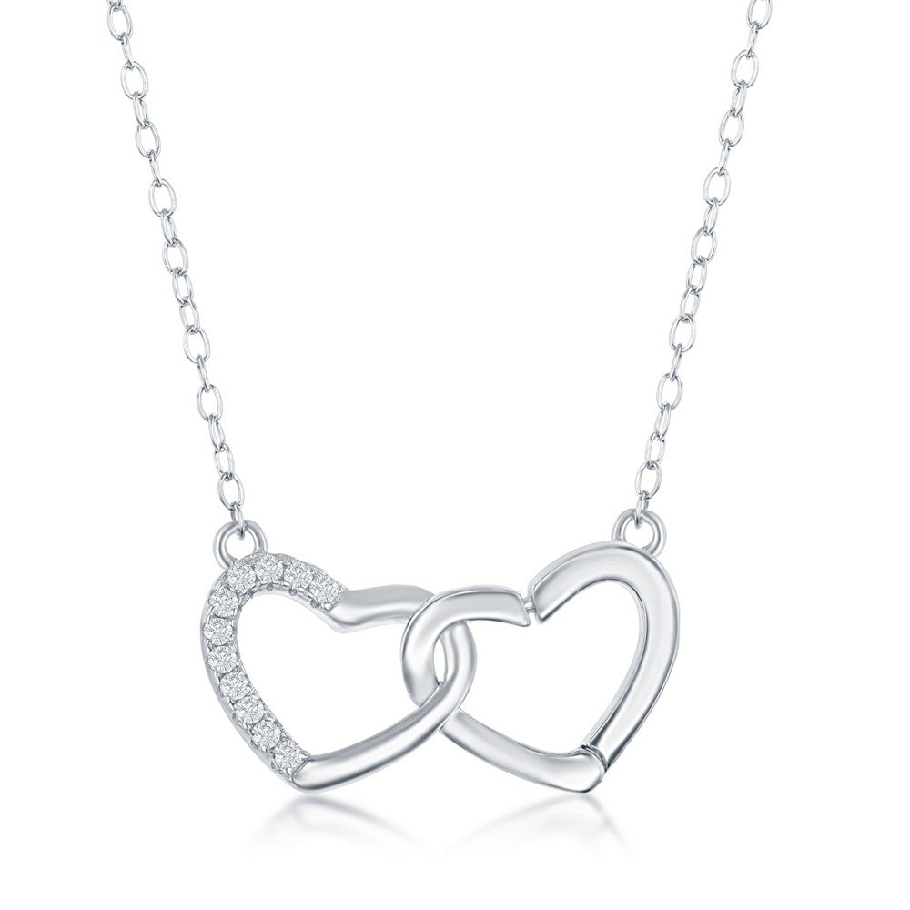 Sterling Silver Interlocking Half CZ Heart Station Bezel-Set CZ's Necklace