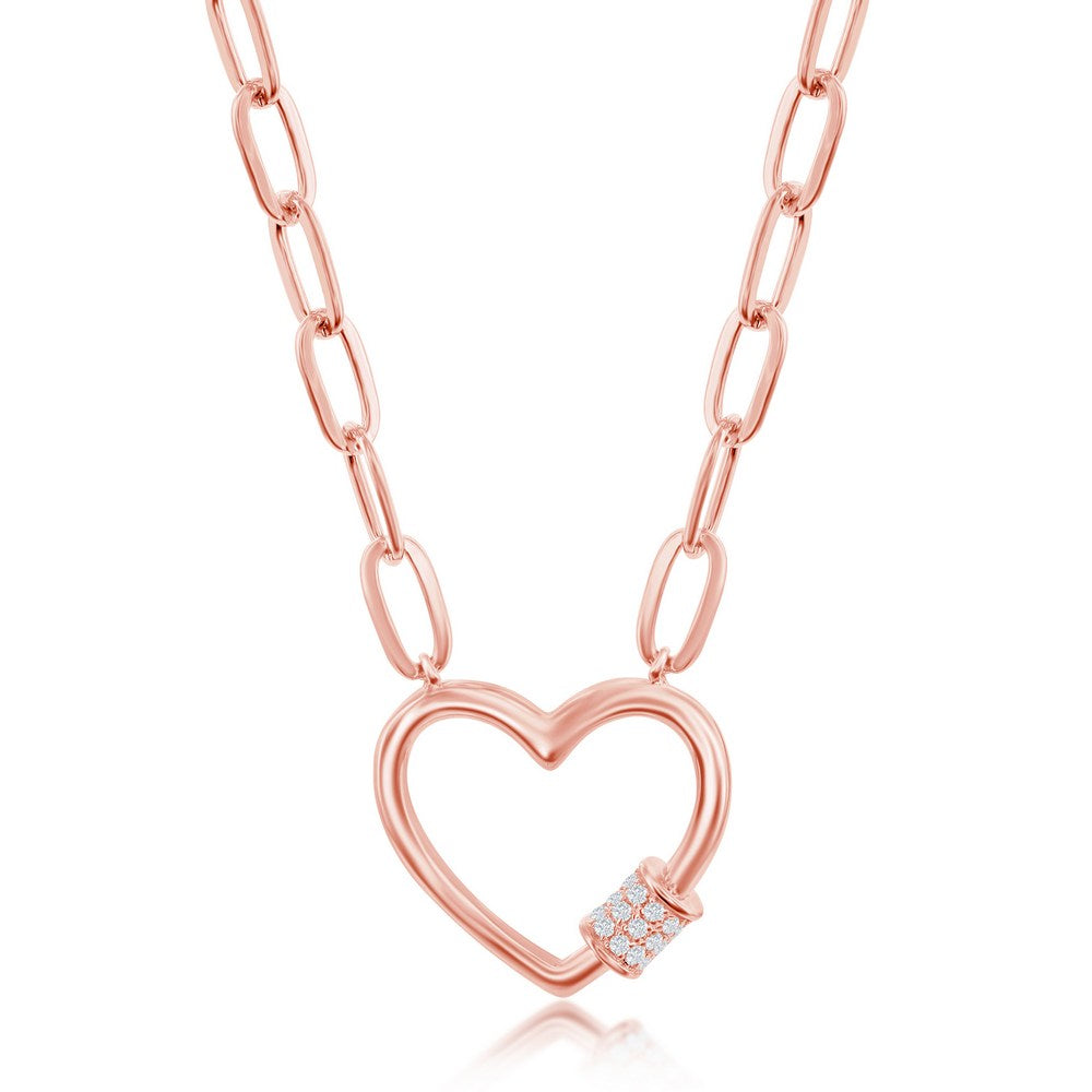 Sterling Silver Micro Pave CZ Carabiner Heart Necklace with Paperclip Chain - Rose Gold