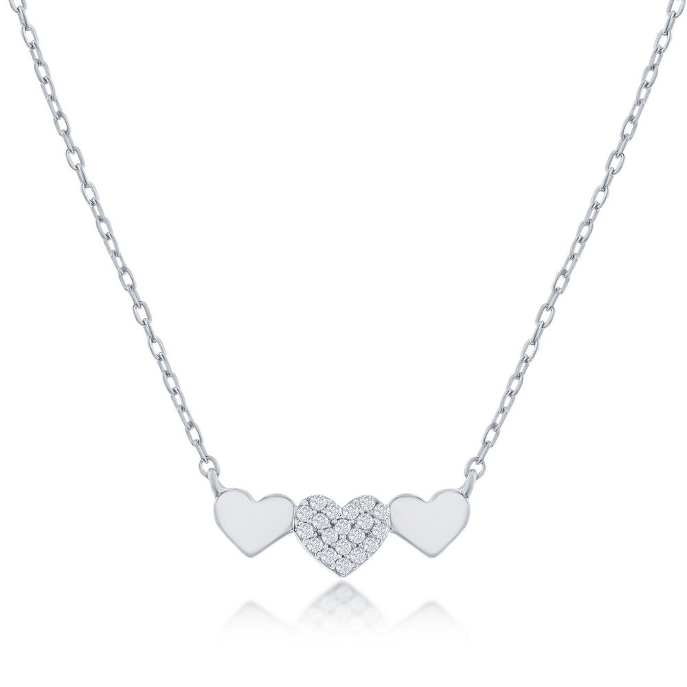 Sterling Silver Triple Heart CZ Bar Necklace