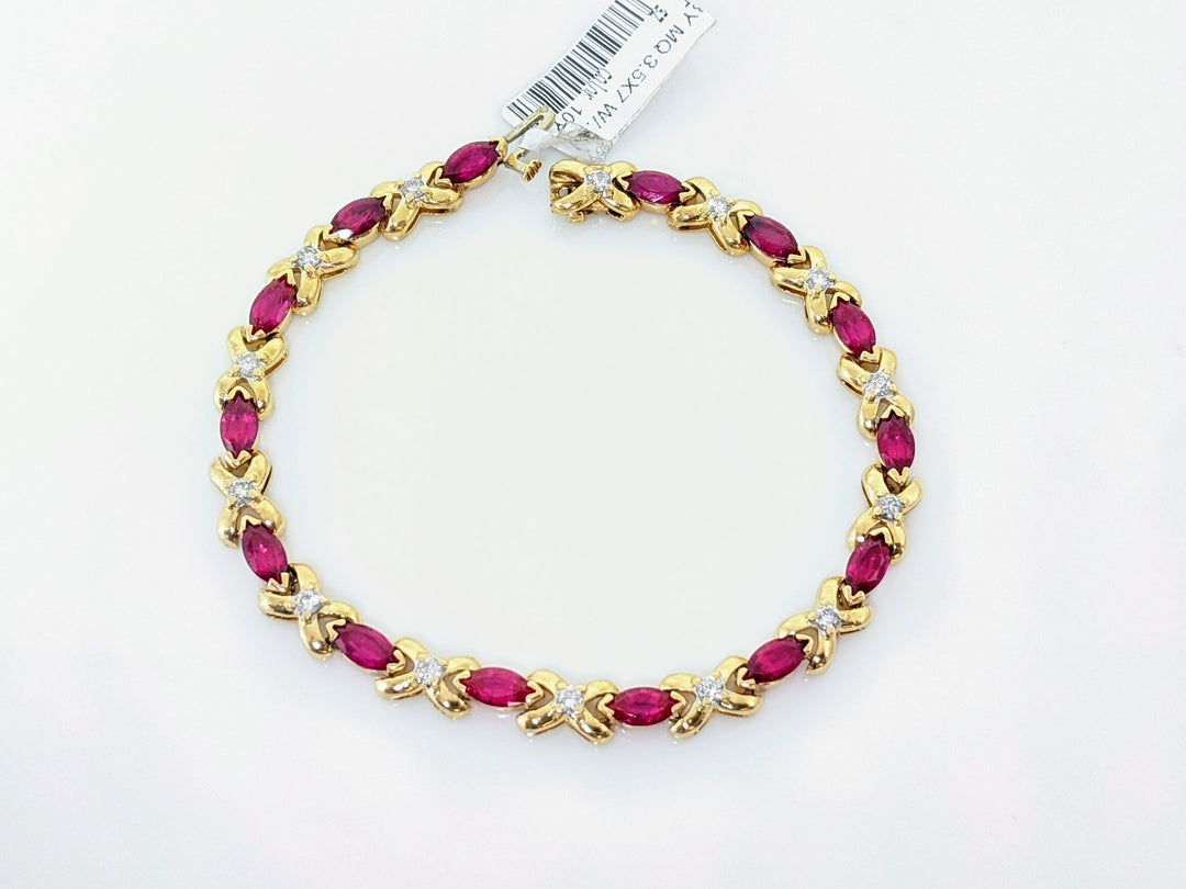 10K SYNTHETIC RUBY MARQUISE CUT 3.5X7 WITH .70 DIAMOND TOTAL WEIGHT ESTATE BRACELET 15.8 GRAMS