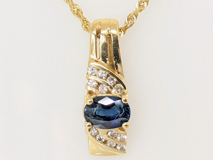 14K SAPPHIRE OVAL 5X7 WITH (12) MELEE 1.8 DIAMOND TOTAL WEIGHT ESTATE PENDANT & CHAIN 7.8 GRAMS