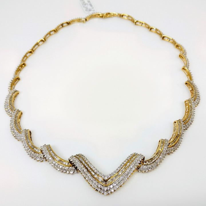 14K 7.76 CARAT TOTAL WEIGHT I1 I DIAMOND ROUND (516) BAGUETTES (26) ESTATE NECKLACE 38.6 GRAMS