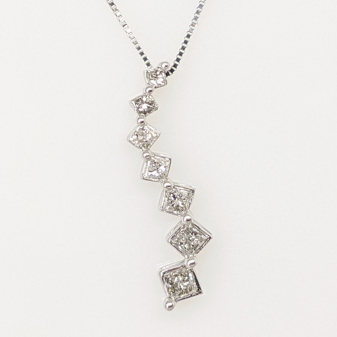 14K WHITE .51 CARAT TOTAL WEIGHT I1 F-G DIAMOND PRINCESS CUT (7) ESTATE JOURNEY PENDANT & CHAIN 2.2 GRAMS