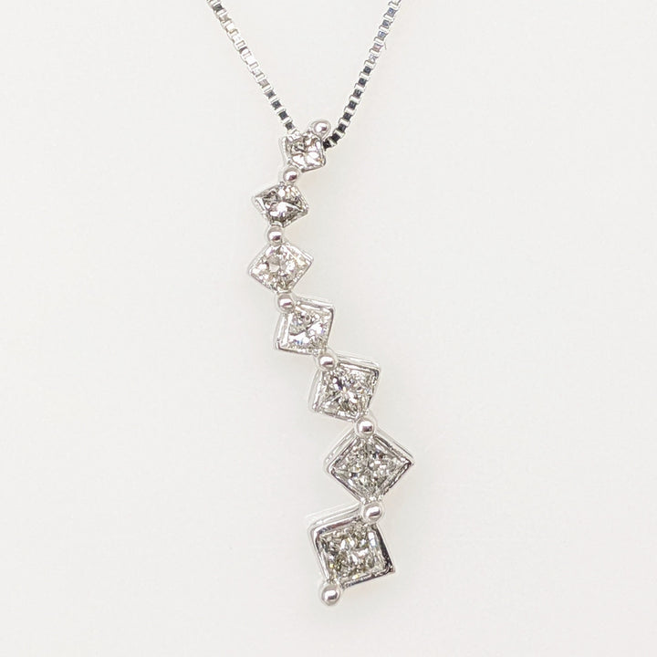 14K WHITE .51 CARAT TOTAL WEIGHT I1 F-G DIAMOND PRINCESS CUT (7) ESTATE JOURNEY PENDANT & CHAIN 2.2 GRAMS