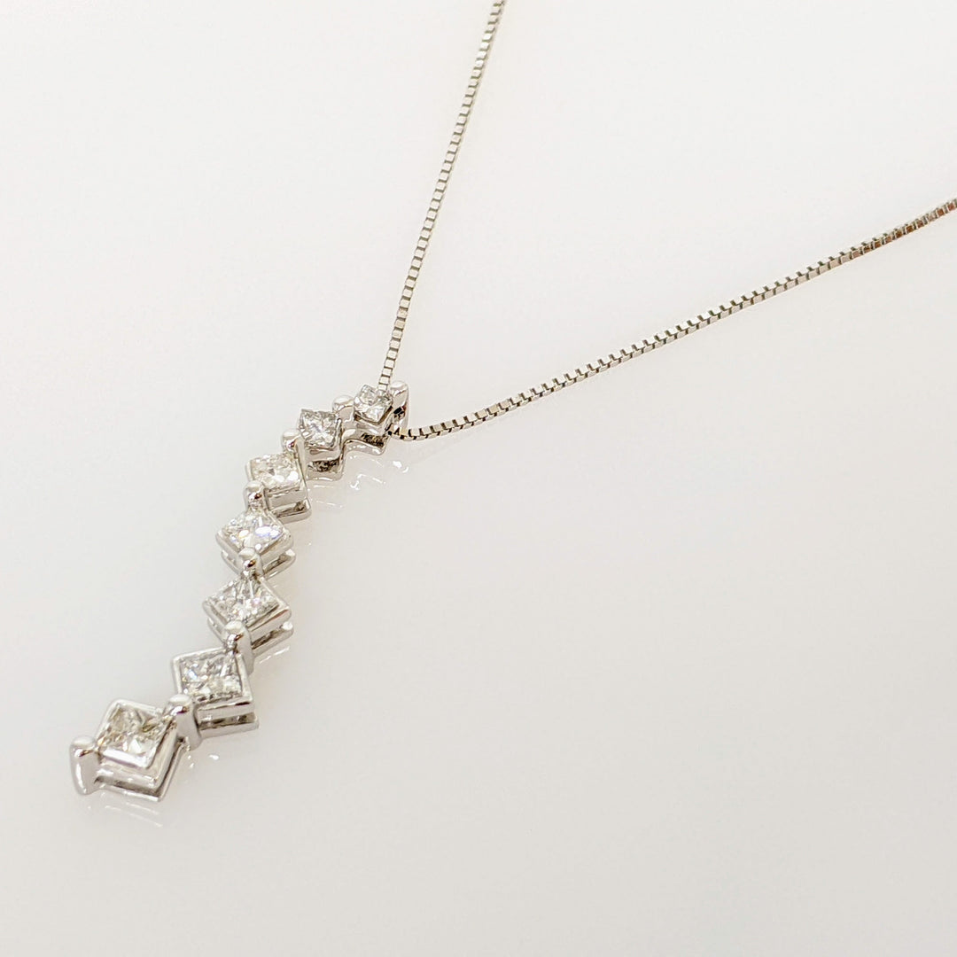 14K WHITE .51 CARAT TOTAL WEIGHT I1 F-G DIAMOND PRINCESS CUT (7) ESTATE JOURNEY PENDANT & CHAIN 2.2 GRAMS
