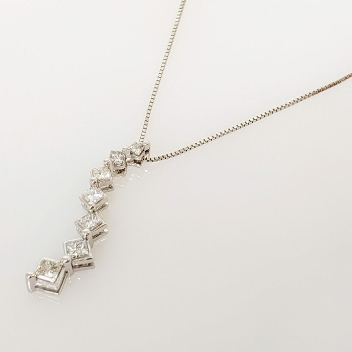 14K WHITE .51 CARAT TOTAL WEIGHT I1 F-G DIAMOND PRINCESS CUT (7) ESTATE JOURNEY PENDANT & CHAIN 2.2 GRAMS