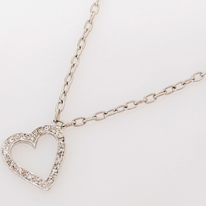 14K WHITE .15 CARAT TOTAL WEIGHT 15-ROUND DIAMOND FLOATING HEART ESTATE PENDANT & CHAIN 5.7 GRAMS