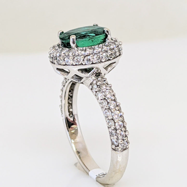 18K WHITE 1.25 CARAT TOTAL EMERALD ROUND WITH .78 DIAMOND TOTAL WEIGHT HALO ESTATE RING 4.5 GRAMS