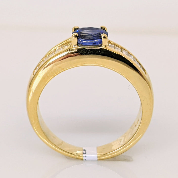 18K SAPPHIRE "AA" OVAL 4X5 WITH (12) BAGUETTE .60 DIAMOND TOTAL WEIGHT ESTATE RING 5.8 GRAMS