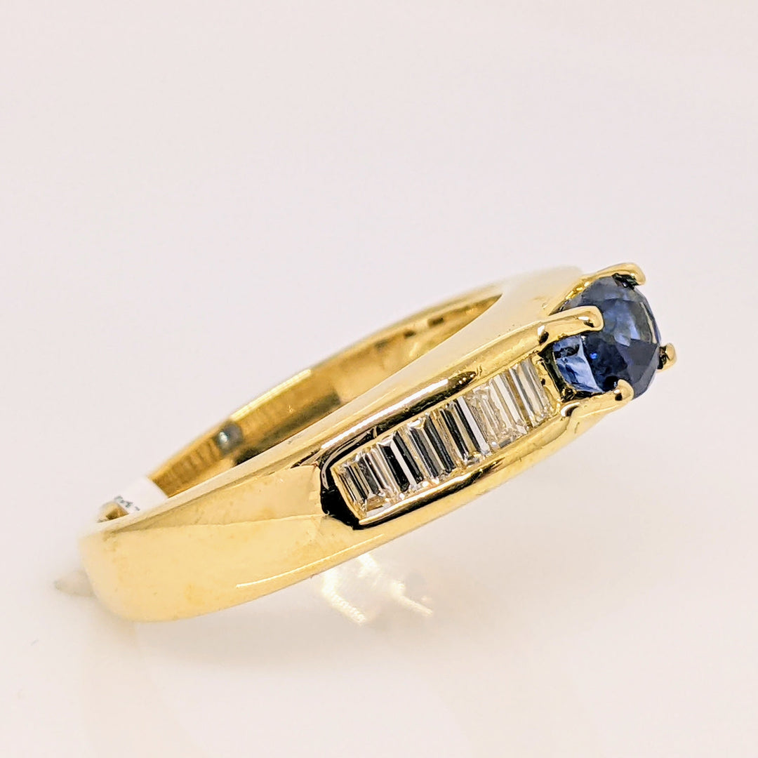 18K SAPPHIRE "AA" OVAL 4X5 WITH (12) BAGUETTE .60 DIAMOND TOTAL WEIGHT ESTATE RING 5.8 GRAMS