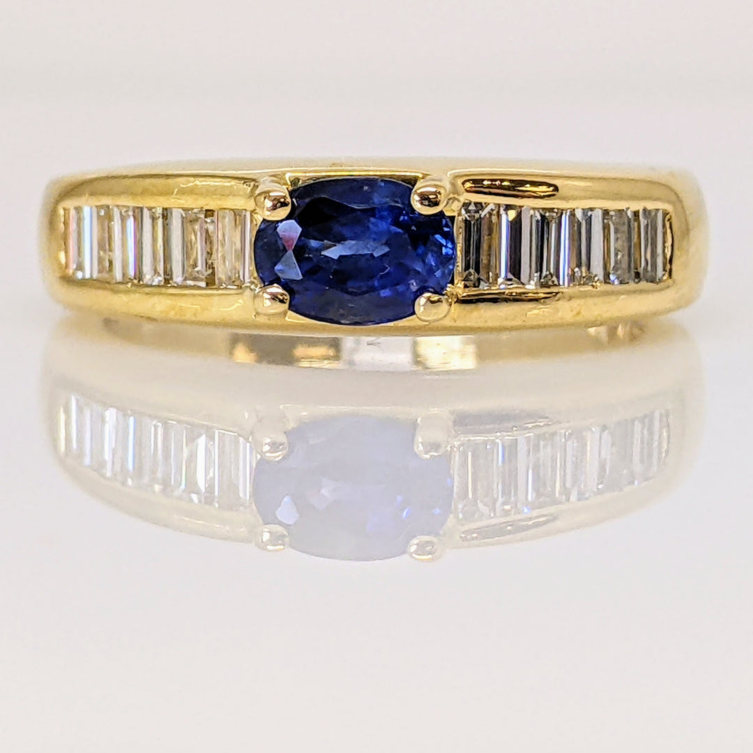 18K SAPPHIRE "AA" OVAL 4X5 WITH (12) BAGUETTE .60 DIAMOND TOTAL WEIGHT ESTATE RING 5.8 GRAMS