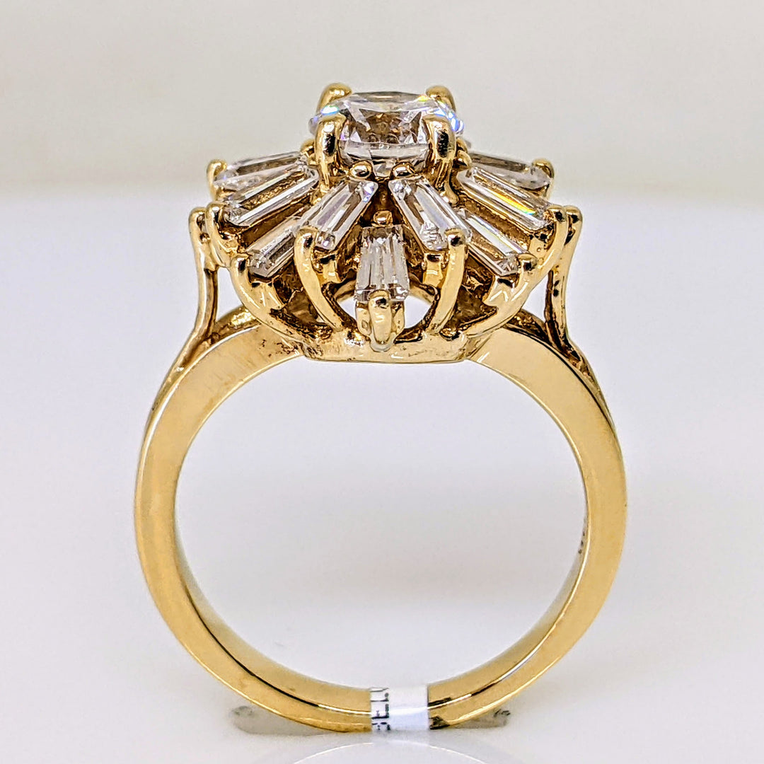 14K CUBIC ZIRCONIA 5.9MM ROUND WITH (16) BAGUETTE ESTATE RING 5.9 GRAMS