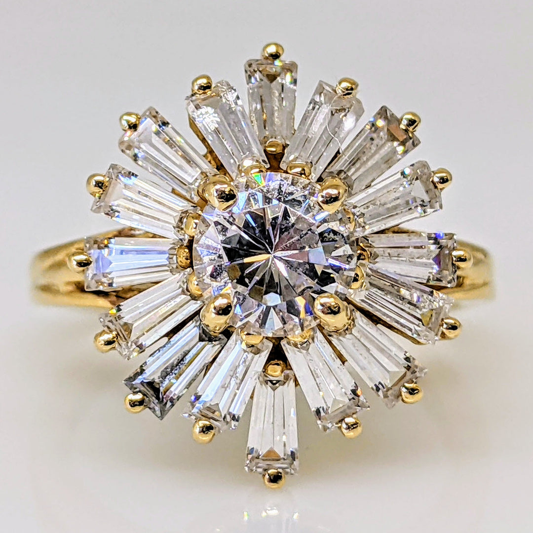 14K CUBIC ZIRCONIA 5.9MM ROUND WITH (16) BAGUETTE ESTATE RING 5.9 GRAMS