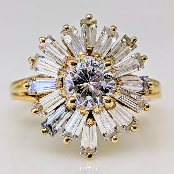 14K CUBIC ZIRCONIA 5.9MM ROUND WITH (16) BAGUETTE ESTATE RING 5.9 GRAMS