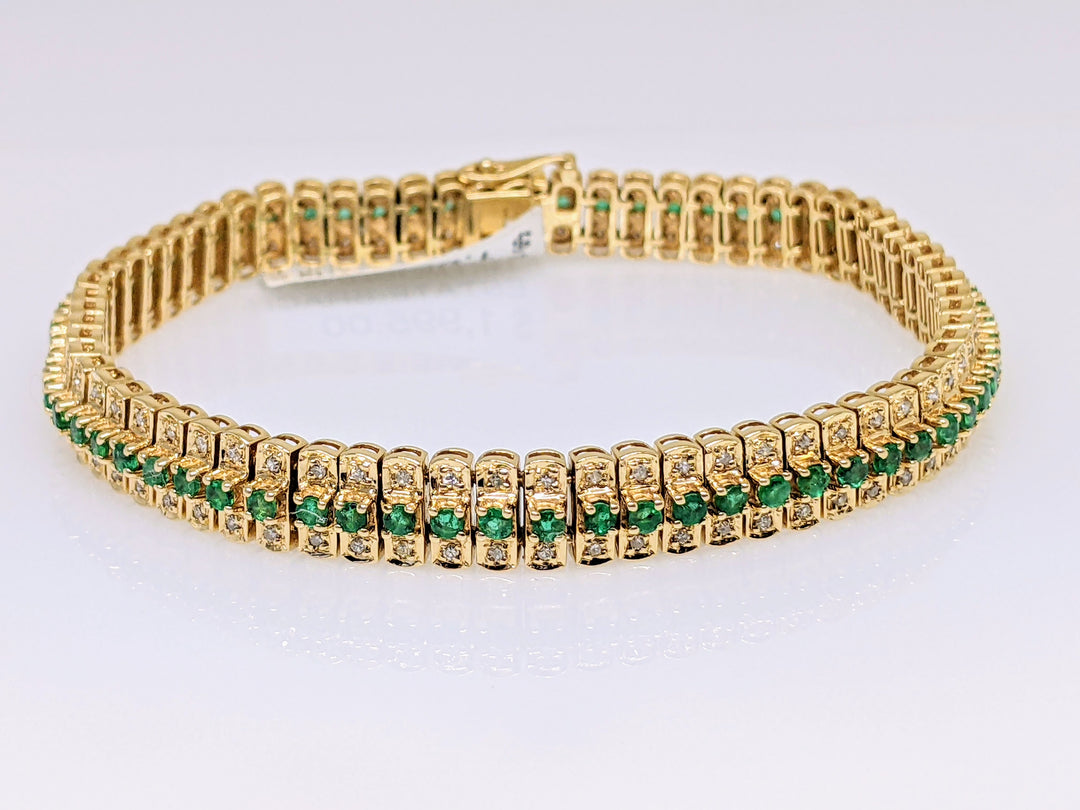 14K EMERALD ROUND (67) 2MM WITH 1.34 DIAMOND TOTAL WEIGHT ESTATE BRACELET 21.3 GRAMS