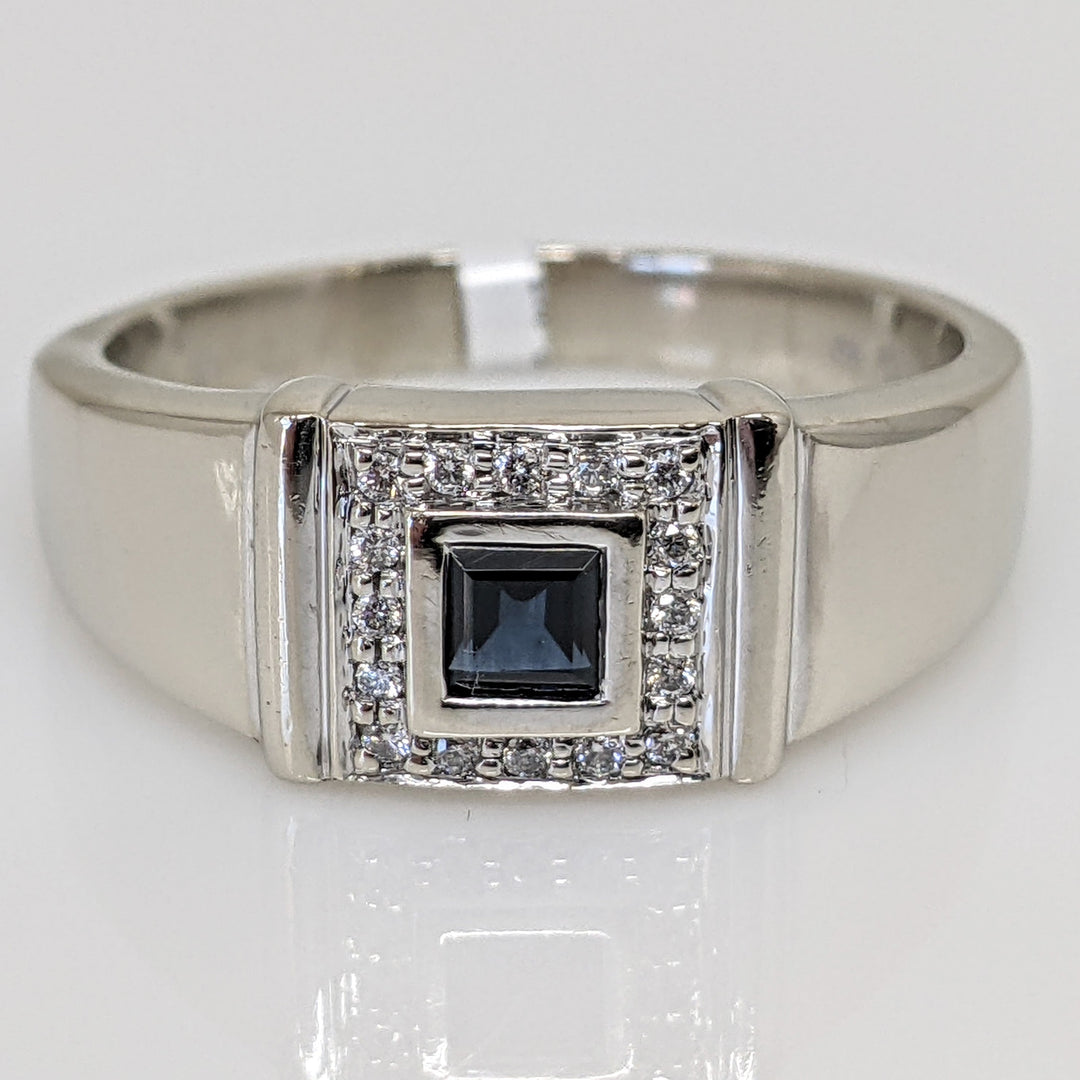 14K WHITE SAPPHIRE PRINCESS CUT 4MM WITH .24 DIAMOND TOTAL WEIGHT (16) ESTATE RING 9.8 GRAMS