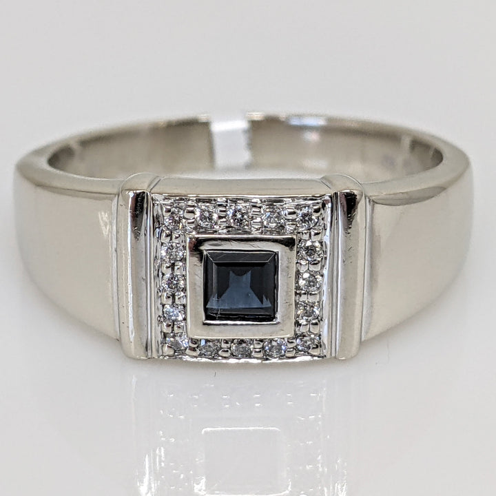 14K WHITE SAPPHIRE PRINCESS CUT 4MM WITH .24 DIAMOND TOTAL WEIGHT (16) ESTATE RING 9.8 GRAMS