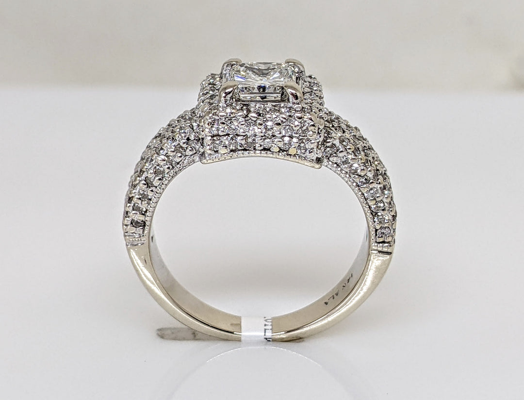 14K WHITE 1.45 CARAT TOTAL WEIGHT I1 J DIAMOND PRINCESS CUT WITH (148) ROUND ESTATE RING 5.8 GRAMS