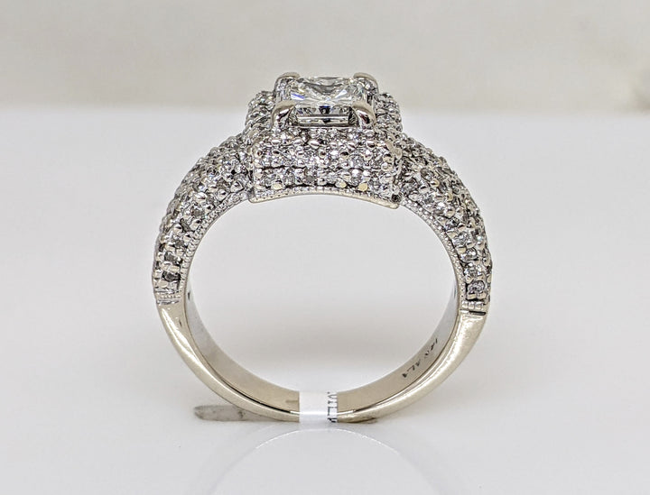 14K WHITE 1.45 CARAT TOTAL WEIGHT I1 J DIAMOND PRINCESS CUT WITH (148) ROUND ESTATE RING 5.8 GRAMS