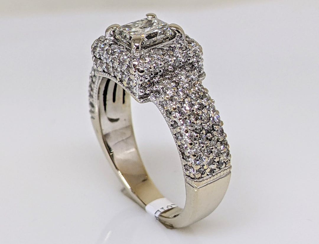 14K WHITE 1.45 CARAT TOTAL WEIGHT I1 J DIAMOND PRINCESS CUT WITH (148) ROUND ESTATE RING 5.8 GRAMS