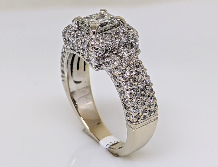 14K WHITE 1.45 CARAT TOTAL WEIGHT I1 J DIAMOND PRINCESS CUT WITH (148) ROUND ESTATE RING 5.8 GRAMS