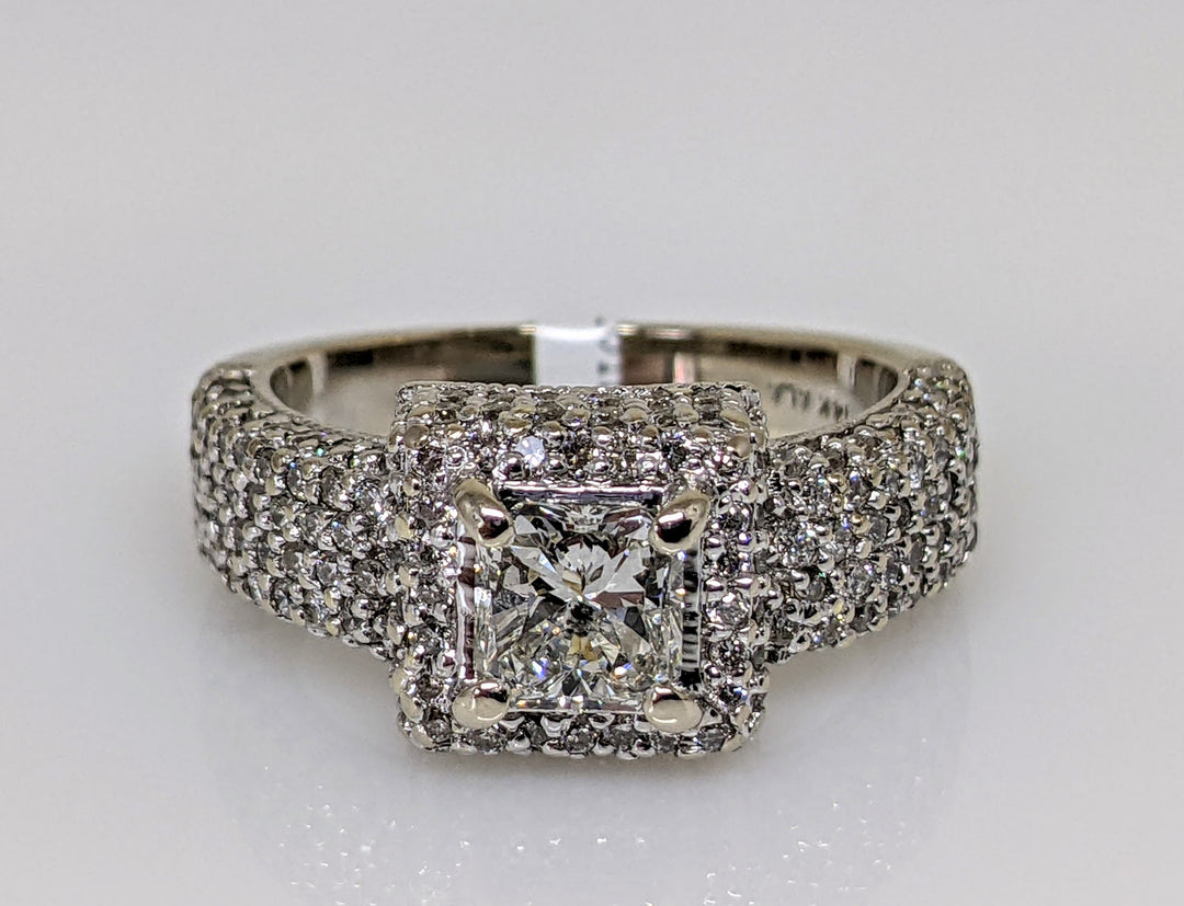 14K WHITE 1.45 CARAT TOTAL WEIGHT I1 J DIAMOND PRINCESS CUT WITH (148) ROUND ESTATE RING 5.8 GRAMS