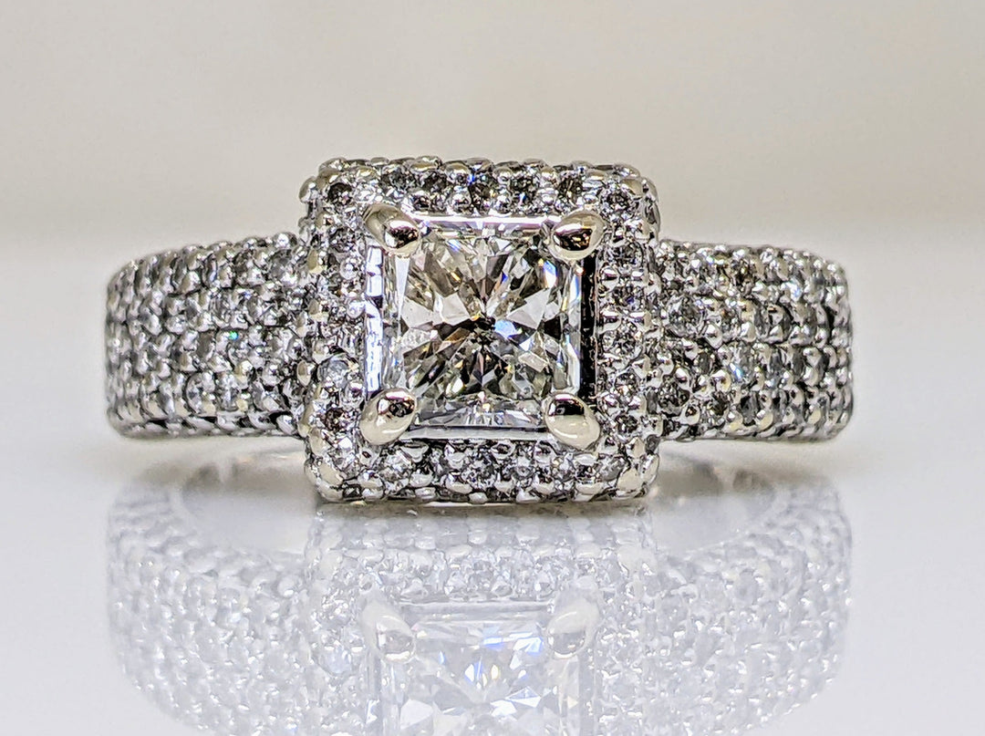 14K WHITE 1.45 CARAT TOTAL WEIGHT I1 J DIAMOND PRINCESS CUT WITH (148) ROUND ESTATE RING 5.8 GRAMS