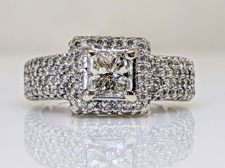 14K WHITE 1.45 CARAT TOTAL WEIGHT I1 J DIAMOND PRINCESS CUT WITH (148) ROUND ESTATE RING 5.8 GRAMS