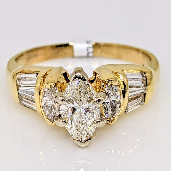 14k 1.20 CARAT TOTAL WEIGHT SI1 H DIAMOND MARQUISE (3) BAGUETTES (6) ESTATE RING 3.8 GRAMS