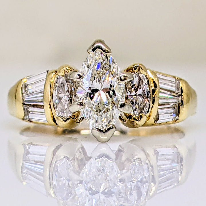 14k 1.20 CARAT TOTAL WEIGHT SI1 H DIAMOND MARQUISE (3) BAGUETTES (6) ESTATE RING 3.8 GRAMS