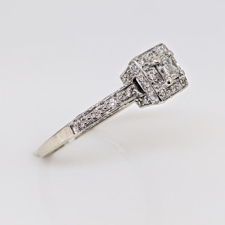14K WHITE .71 CARAT TOTAL WEIGHT I1 H DIAMOND PRINCESS CUT (1) ROUND (54) HALO ESTATE RING 2.4 GRAMS