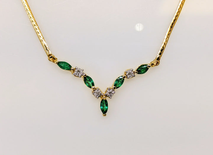 14k EMERALD MARQUISE (5) 2X4 WITH .04 DIAMOND TOTAL WEIGHT ESTATE NECKLACE 5.4 GRAMS