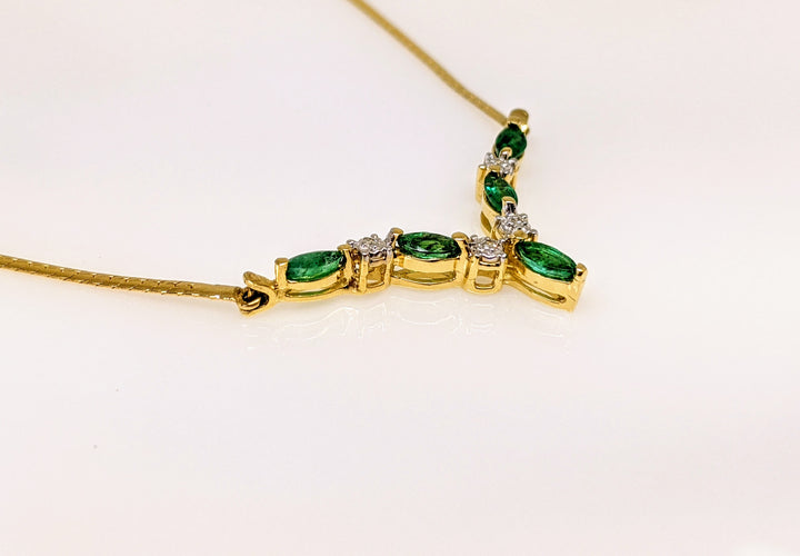 14k EMERALD MARQUISE (5) 2X4 WITH .04 DIAMOND TOTAL WEIGHT ESTATE NECKLACE 5.4 GRAMS