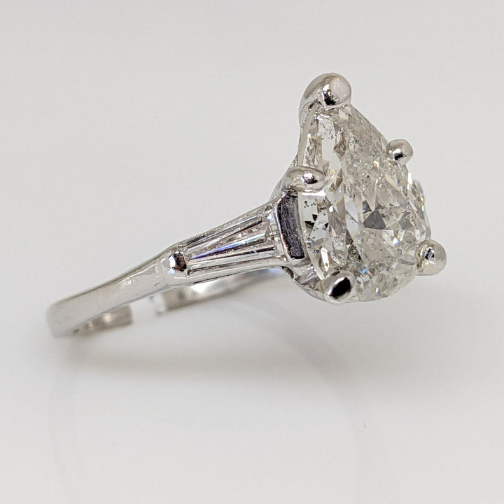 PLATINUM 2.13 CARAT TOTAL I1 G DIAMOND PEAR WITH (2) BAGUETTE ESTATE RING 4.8 GRAMS