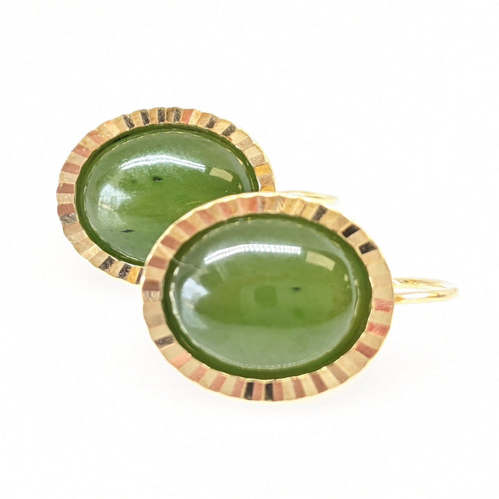 14K JADE OVAL 7X9 GOLD TRIM LEVER BACK EARRINGS ESTATE 3.4 GRAMS