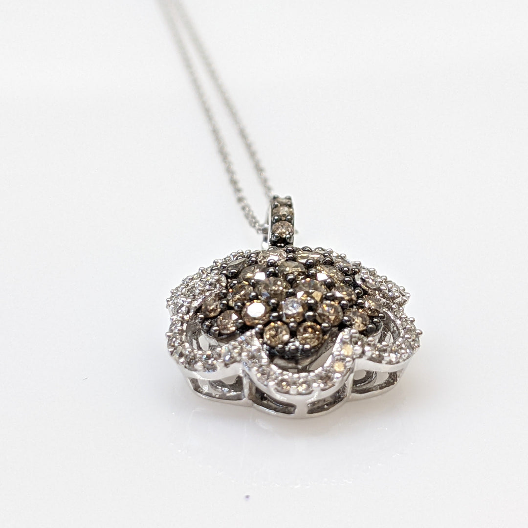 14k WHITE 1.02 CARAT TOTAL WEIGHT DIAMOND ROUND WITH CHOCOLATE AND WHITE DIAMONDS ESTATE PENDANT & CHAIN 4.0 GRAMS