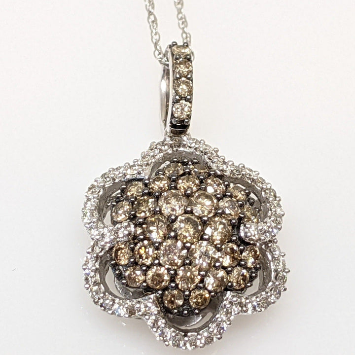 14k WHITE 1.02 CARAT TOTAL WEIGHT DIAMOND ROUND WITH CHOCOLATE AND WHITE DIAMONDS ESTATE PENDANT & CHAIN 4.0 GRAMS