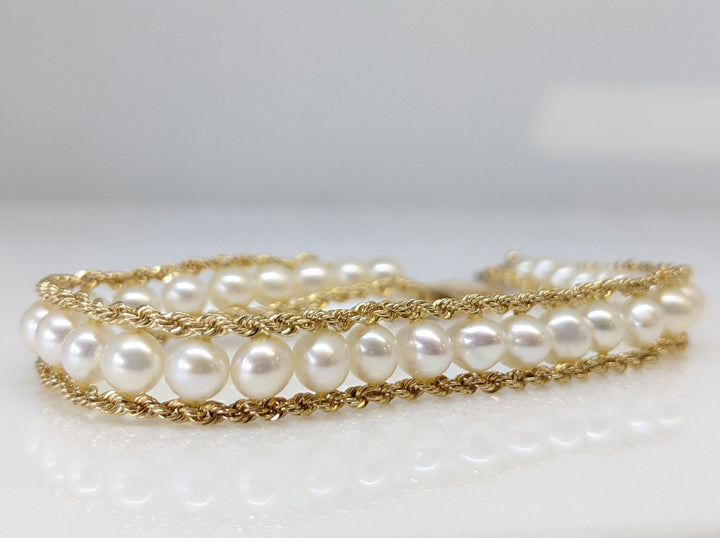 14K PEARL ROUND (34) 4.5MM WITH ROPE TRIM 11.0 GRAMS